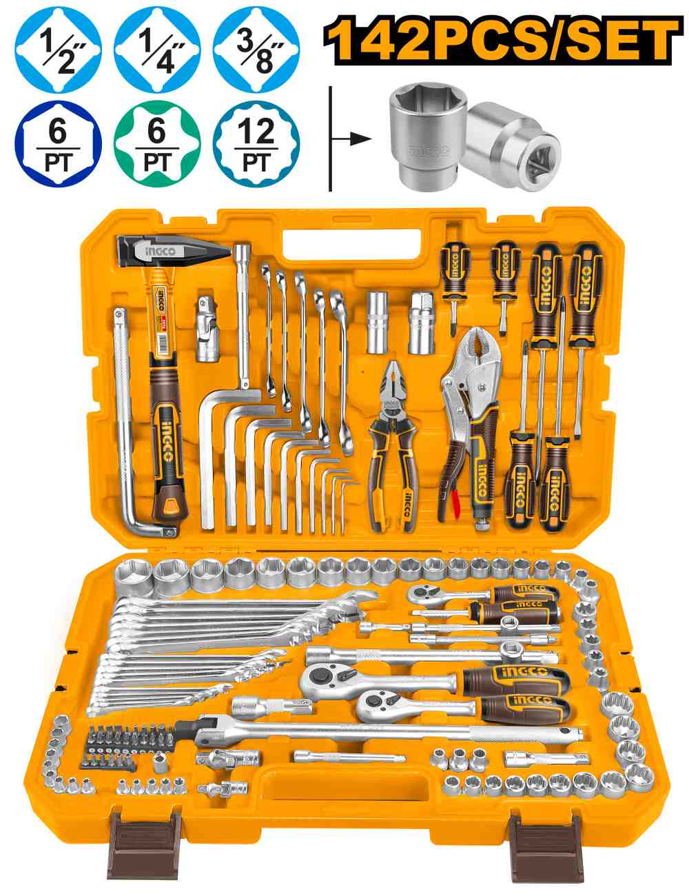 Maleta 142 Pcs Herramientas Combinadas 1/2" 1/4" 3/8" INGCO
